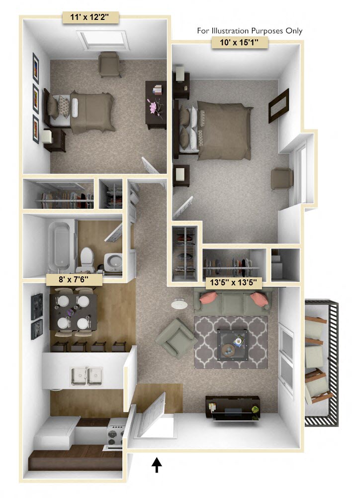 Floor plan for 2 beds, 1 bath, 750 sqft